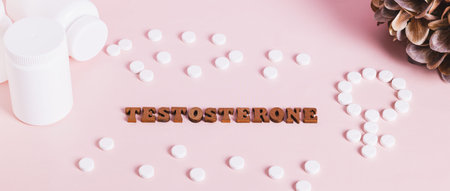 Testosterone, medication, bottles for women therapy on pink background web banner