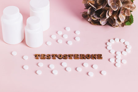 Testosterone, medication, bottles for women therapy on pink background