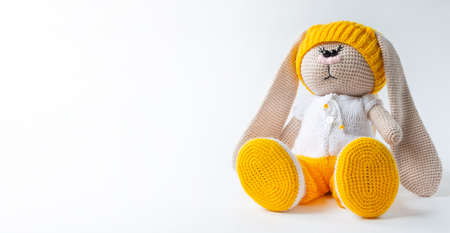 Plush toy hare sitting on whiteの写真素材