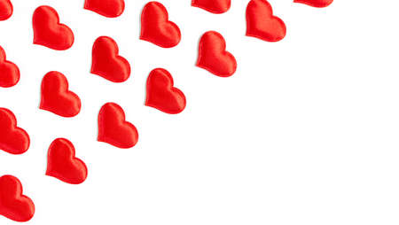 Valentine day background with red hearts, flat lay with copy space