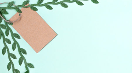 Ecology fresh label price on blue background with green leaves.の写真素材