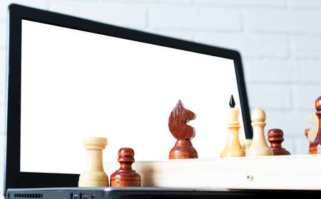 game of chess on the chessboard in video chat online with copy spaceの写真素材