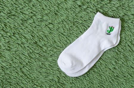 two white socks with a cactus lie on a soft green blanket.の写真素材