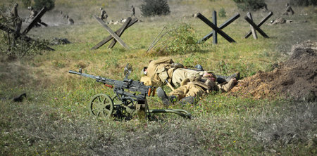 Kursk, Russia - August 2020. reconstruction of military events. Battle of Kursk 1943. dead soldiers...