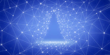 silhouette of a Christmas tree against the background of blue low poly points and lines.の写真素材