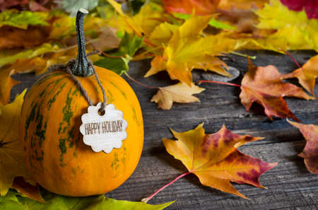 orange pumpkin with a Happy holiday text on wooden table.の写真素材