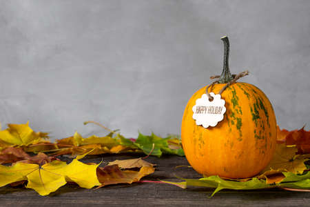 Pumpkin and autumn leaves on wooden table.の写真素材