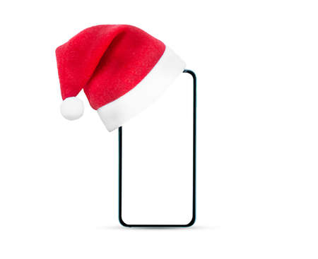 Smart phone with red christmas hat isolated on white background with copy space.の写真素材