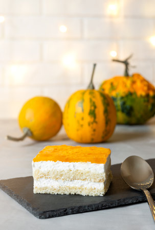 biscuit cake with white cream and pumpkin filling.の写真素材