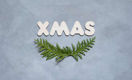 letters xmas and green thuja on gray background.