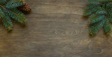 Christmas fir branch and cone on a wooden background.