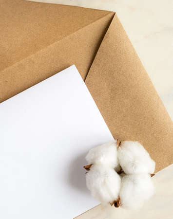 cotton flowers and envelope and white paper