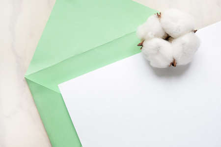 cotton flower and green envelope and white paperの写真素材