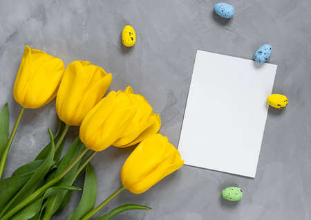yellow tulips and easter eggs with white paper with copy space