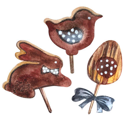 Happy Easter!Watercolor illustration of 3 gingerbread cookies with glaze isolated on a white...