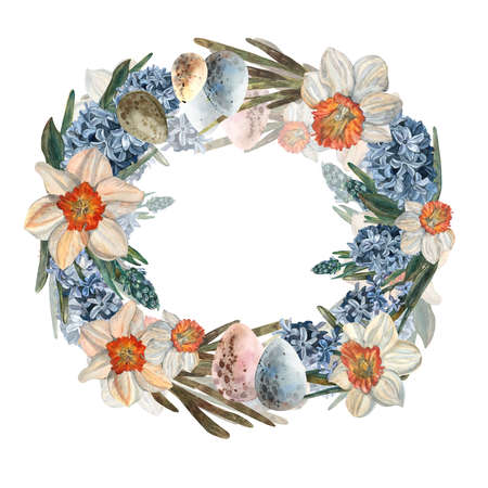 A set of watercolor hyacinths, a hand-painted floral illustration, beautiful flowers highlighted on a white background. A set of antique watercolor elements of blue hyacinth and narcissus.の写真素材