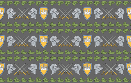 Seamless pattern with shields, swords, helmets and oak leaves. Can be used for graphic design, textile design or web design.のイラスト素材