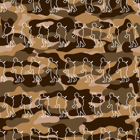 Seamless military pattern with soldiers on camouflage background. Can be used for graphic design, textile design or web design.のイラスト素材