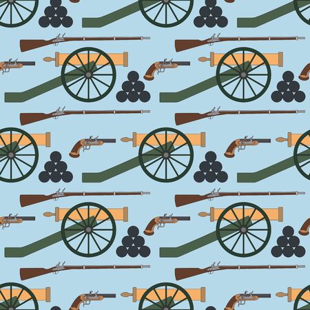 Seamless pattern with cannons, smoothbore rifles and pistols. Can be used for graphic design, textile design or web design.のイラスト素材