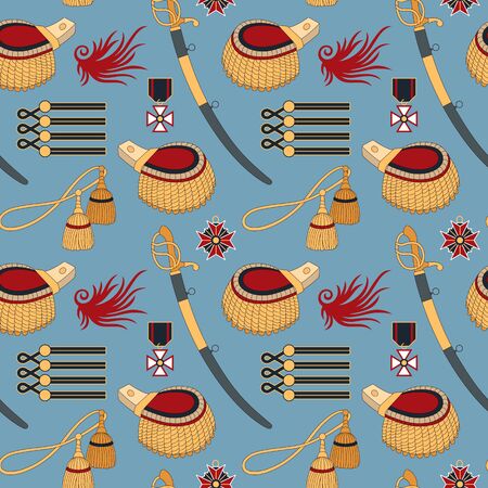 Seamless pattern with sabers, epaulettes and medals. Can be used for graphic design, textile design or web design.のイラスト素材