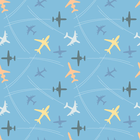 Seamless vector pattern with multicolored passenger airplanes and flight paths on white background. Can be used for graphic design, textile design or web design.のイラスト素材