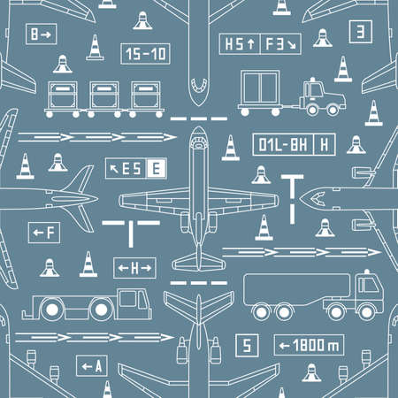 Seamless aviation vector pattern with airplanes and airport vehicles on gray background. Can be used for graphic design, textile design or web design.のイラスト素材