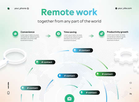 remote work structure. Illustration in the form of infographics, the interaction of people with each other from different parts of the world. Advantages of working remotely. UI vector template. EPS 10のイラスト素材