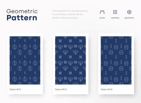 Set of seamless geometric patterns. Blue and white backgrounds collection. Endless repeating linear texture for wallpaper, packaging, banners, invitations, business cards, fabric print, firm stileのイラスト素材