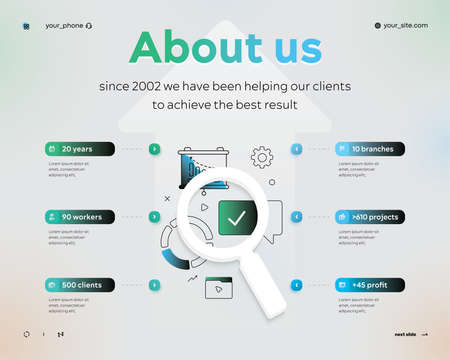 Slide about us, about company. Thin line and volume element design using infographics and icons. six stages. Used for presentations, banner, flowchart. Flat vector business infographic template. EPS10のイラスト素材