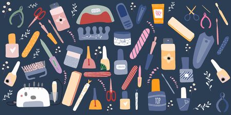 Big set of manicure  pedicure equipment  with nail scissors, polish, tools. Concept for nail studio, salon. Beauty banner for spa. Doodle vector illustrationのイラスト素材