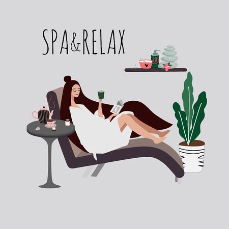 young or woman girl is reading book, drinking tea and relaxing  in spa salon. Beauty salon, wellness center poster, banner. Hand drawn concept of beauty. Vector illustration.のイラスト素材