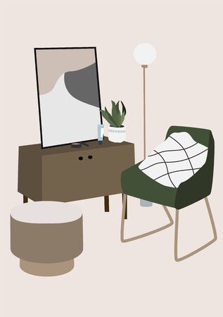 Modern interior design of Living room furniture: armchair, lamp, picture, flower, table. Trendy vector illustration in Scandinavian or minimalist style. Abstract composition for print, card, wallpaperのイラスト素材