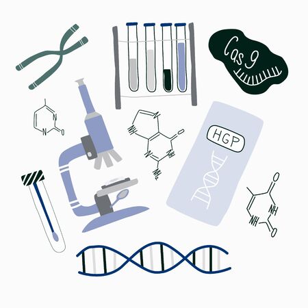 Genetic engineering and genome sequencing set of isolated elements: helix DNA, microscope, chromosome, test tubes, nucleotides, cas9 RNA. Doodle vector illustration.のイラスト素材