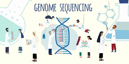 Scientists exploring, working by human genome project. CRISPR- Cas9. Genome sequencing, research, genetic engineering concept. Big set of science for  a poster, article, banner, advertising. vectorのイラスト素材