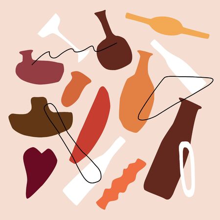 Abstract contemporary trendy set of vase, bottles, shapes and lines. Hand drawn modern collection in Scandinavian style. Vector illustration for interior, print, card, banner.のイラスト素材