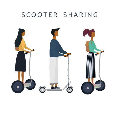 Scooter sharing or rental set. Women, man on e-scooter are riding. Eco transport. Flat vector illustration for banner, web, mobile app, flyer, poster.のイラスト素材