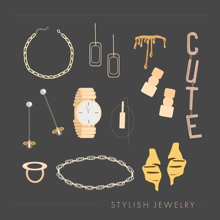 Set of trendy golden jewelry and accessories: rings, necklace, chain, earrings, mono earring, bracelets, watches. Stylish jewelry text.Template for print, card, flyer, shop  concept. isolated elementsのイラスト素材