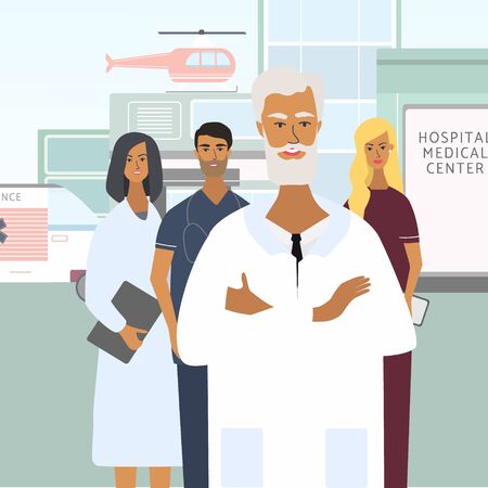 Doctors, nurses and chief physician. Hospital, emergency at the background. Team of happy medical specialists. Flat  vector illustration in cartoon style for web, medical office, clinics, laboratorのイラスト素材