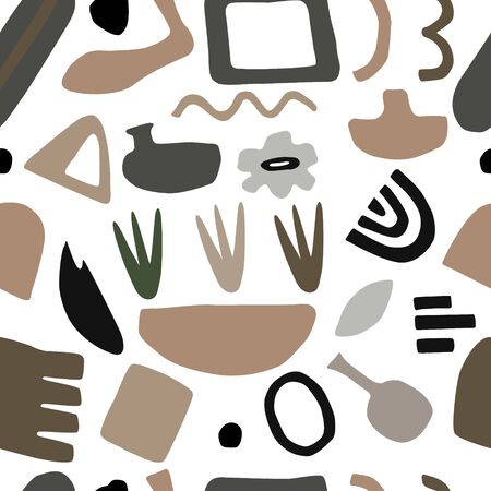 Abstract contemporary trendy seamless pattern of various shapes, objects.  Hand drawn vector modern collection. Pastel colors illustration for interior, print, cart, banner, decoration.のイラスト素材