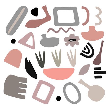 Abstract contemporary trendy set of various shapes, objects.  Hand drawn vector modern collection. Pastel colors illustration for interior, print, cart, banner, decoration.のイラスト素材