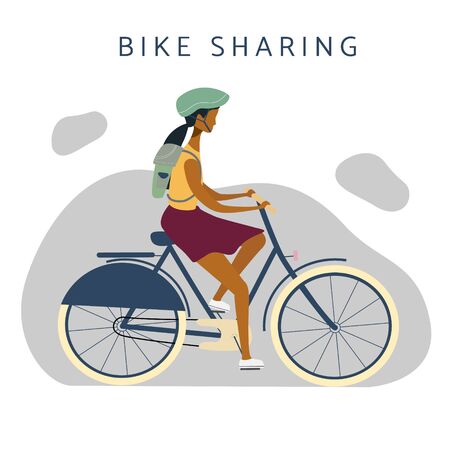Bike sharing or rental illustration. Woman on bicycle riding. Online bicycle rent service concept. Flat vector for banner, web, mobile app, flyer, poster.のイラスト素材