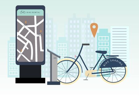 Bike sharing or rental concept. Online bicycle rent service app. Bicycle on rental spot . Flat vector illustration for banner, web, mobile app, flyer, poster.のイラスト素材