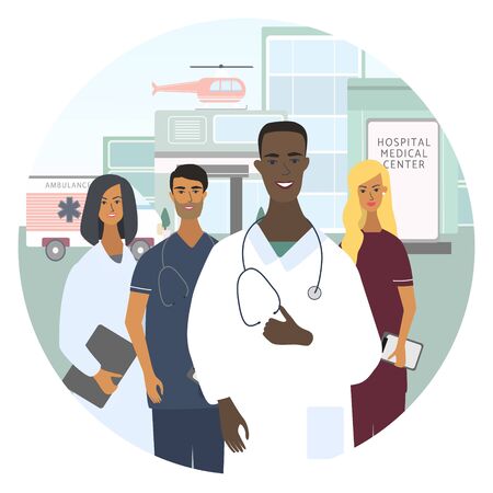 Doctors, nurses and chief physician team Hospital, emergency at the background. Group of professional medical specialists. Vector circle template for web, medical office, clinics, laboratoryのイラスト素材