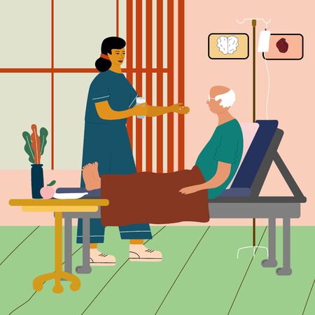 Doctor  or nurse visit and give medical pills to  old man. Care of elderly people medical concept with doctor and patient. Bright vector illustration in trendy cartoon style.のイラスト素材