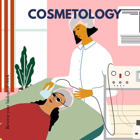 Cosmetology, dermatology concept poster. Dermatologist making photo rejuvenation procedure to woman in beauty clinic. Anti wrinkle and laser treatment, epilation. Flat cartoon vector illustrationのイラスト素材