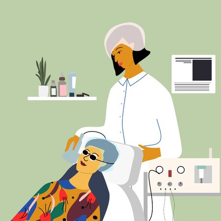 Cosmetology, dermatology concept. Dermatologist making photo rejuvenation procedure to woman in beauty clinic. Anti wrinkle and laser treatment, epilation. Flat cartoon vector illustrationのイラスト素材