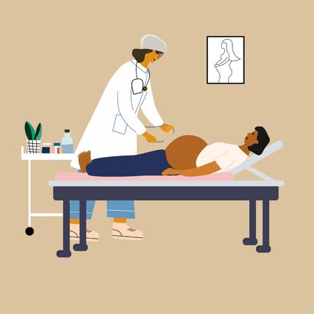 Healthy pregnancy concept. Doctor examining a pregnant woman. Obstetrican gynecologist measuring pelvis size. Flat colorful vector illustration.のイラスト素材