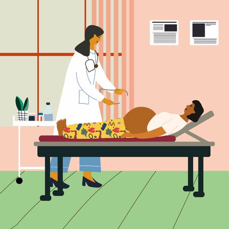 Healthy pregnancy concept. Doctor examining a pregnant woman at the clinic. Obstetrican gynecologist measuring pelvis size. Flat colorful vector illustration.のイラスト素材