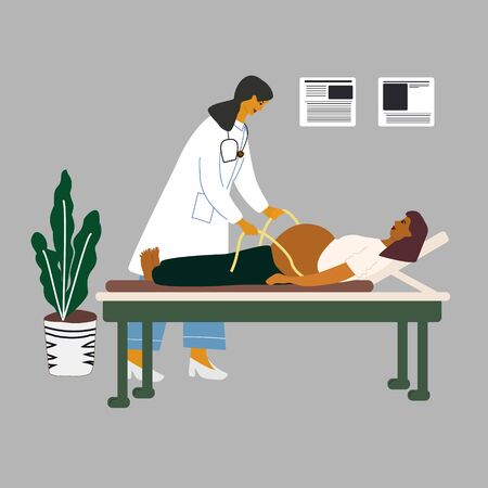 Healthy pregnancy concept. Doctor examining a pregnant woman. Obstetrican gynecologist measuring the tummy with measuring tape of her pregnant patient. Flat colorful vector illustration.のイラスト素材