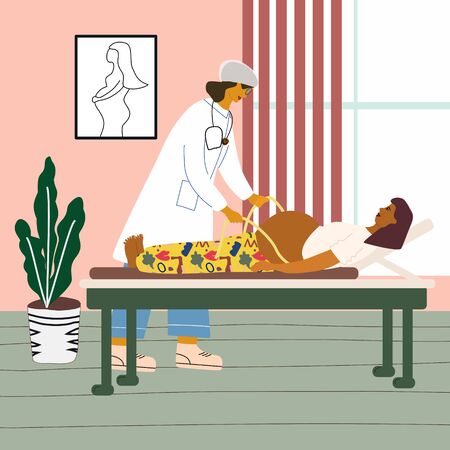 Healthy pregnancy concept. Doctor examining a pregnant woman at the clinic. Obstetrican gynecologist measuring the tummy with measuring tape of her pregnant patient. Flat colorful vector illustrationのイラスト素材